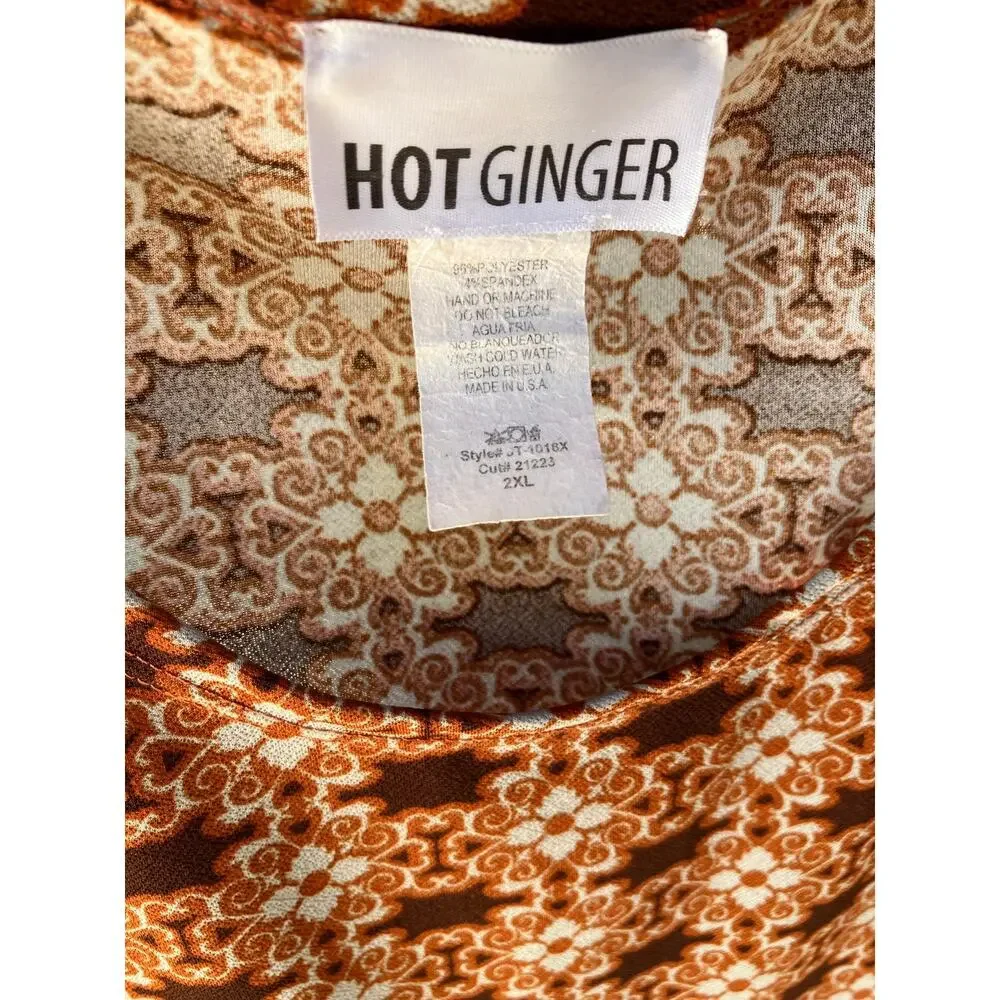 Hot Ginger Boho Geometric Shift‎ Dress Brown Cream Stretch 2XL